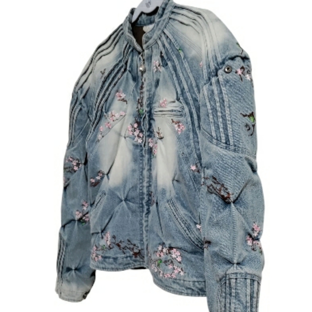 CHERRY BLOSSOM DENIM RACER JACKET BY BAD SON Medium UNISEX OVERSIZED COAT - Picture 5 of 10